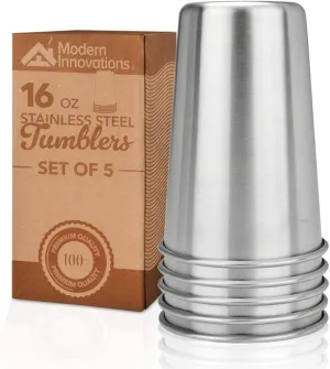16 Ounce Stainless Steel Stackable Tumblers - 5 Pack Reusable Steel Cups for Travel & Outdoors