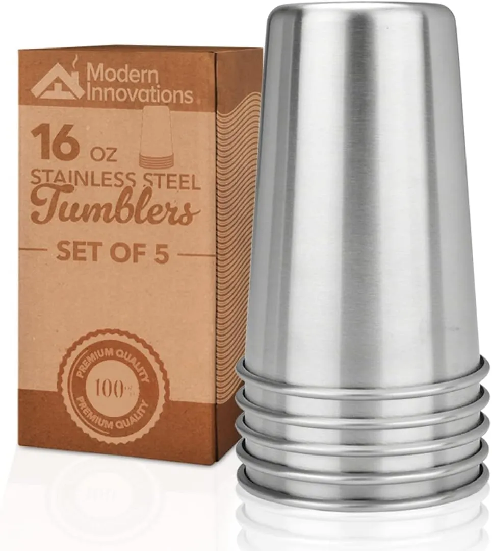 16 Ounce Stainless Steel Stackable Tumblers - 5 Pack Reusable Steel Cups for Travel & Outdoors