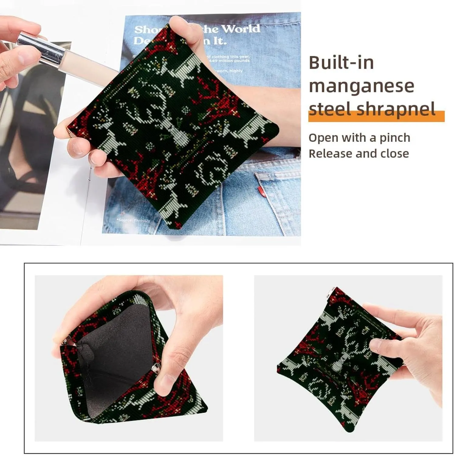 2 Pcs Faux Leather Makeup Bag for Purse, Small Makeup Pouch, Self-Closing Pouches for Purse, Mini Makeup Pouch for Lipstick, Christmas Green Retro Elk