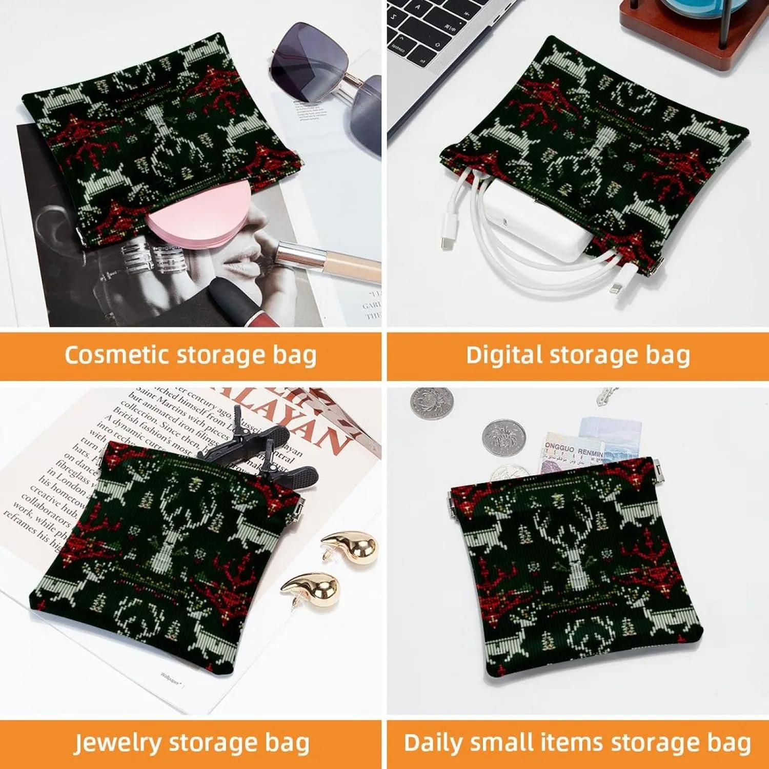 2 Pcs Faux Leather Makeup Bag for Purse, Small Makeup Pouch, Self-Closing Pouches for Purse, Mini Makeup Pouch for Lipstick, Christmas Green Retro Elk