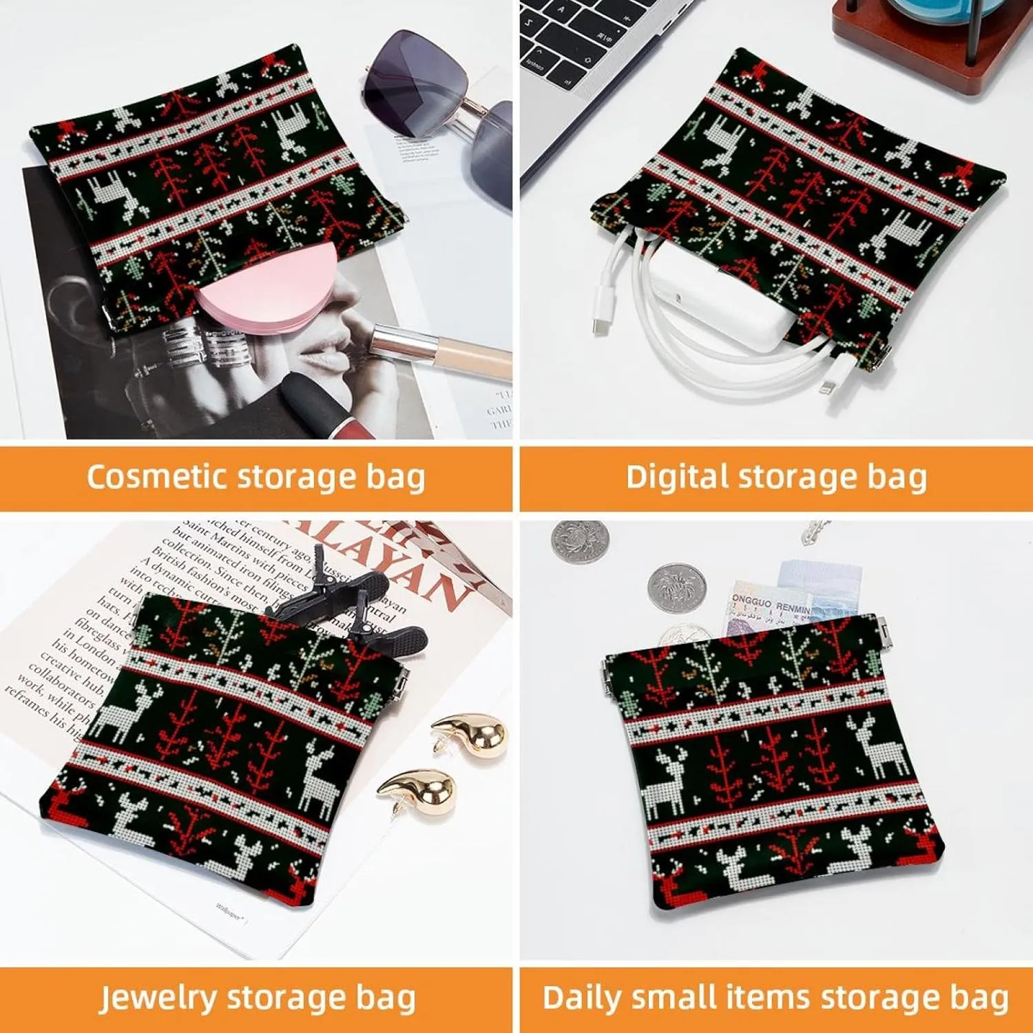 2 PCS Faux Leather Makeup Bag Set, Small Makeup Pouch for Purse, Self-Closing Makeup Pouch for Women, Mini Travel Storage for Cosmetics, Christmas Green Retro Elk