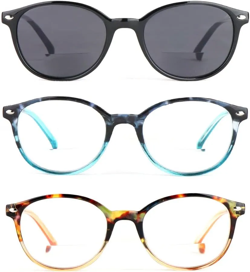 3 Pack Bifocal Reading Glasses for Women Include 1 Bifocal Sunglasses,Spring Hinge Retro Cat-eye Readers Glasses