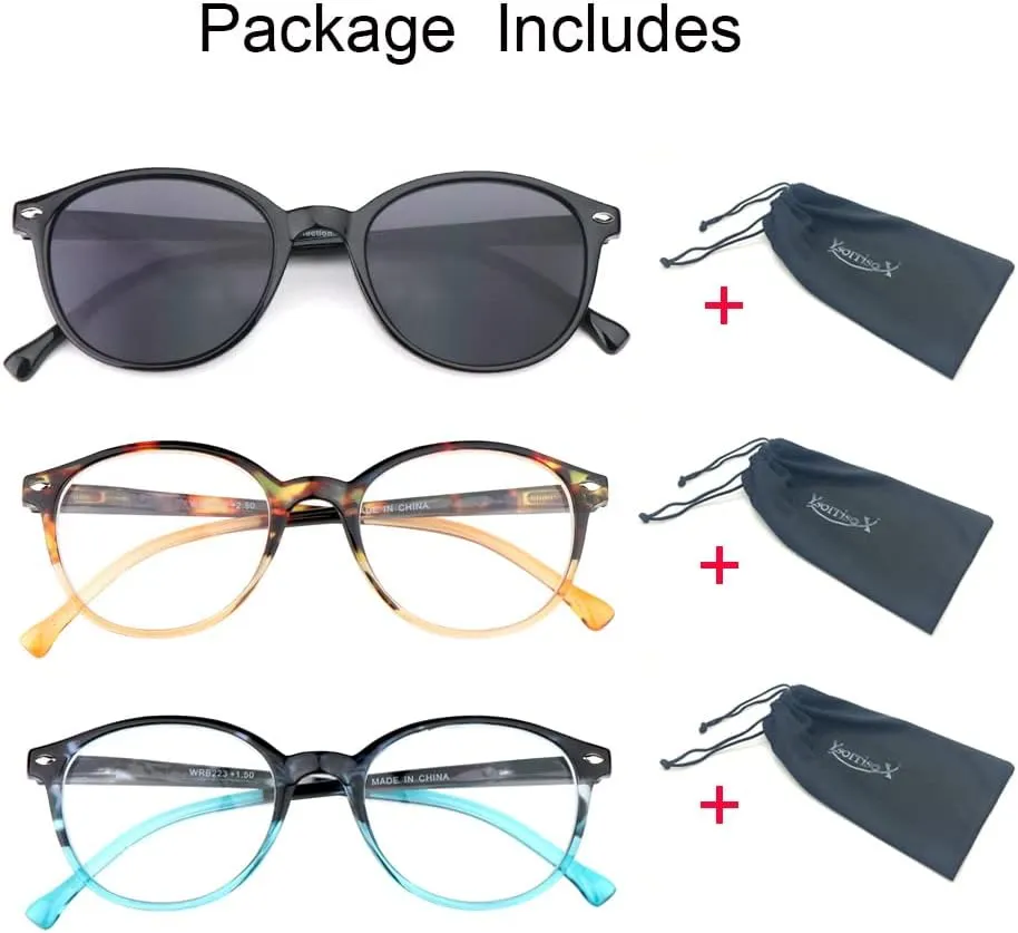 3 Pack Bifocal Reading Glasses for Women Include 1 Bifocal Sunglasses,Spring Hinge Retro Cat-eye Readers Glasses