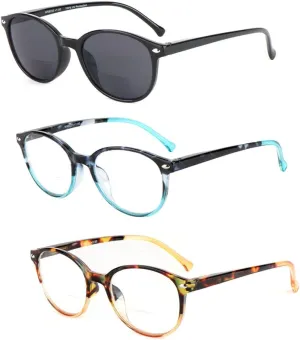 3 Pack Bifocal Reading Glasses for Women Include 1 Bifocal Sunglasses,Spring Hinge Retro Cat-eye Readers Glasses