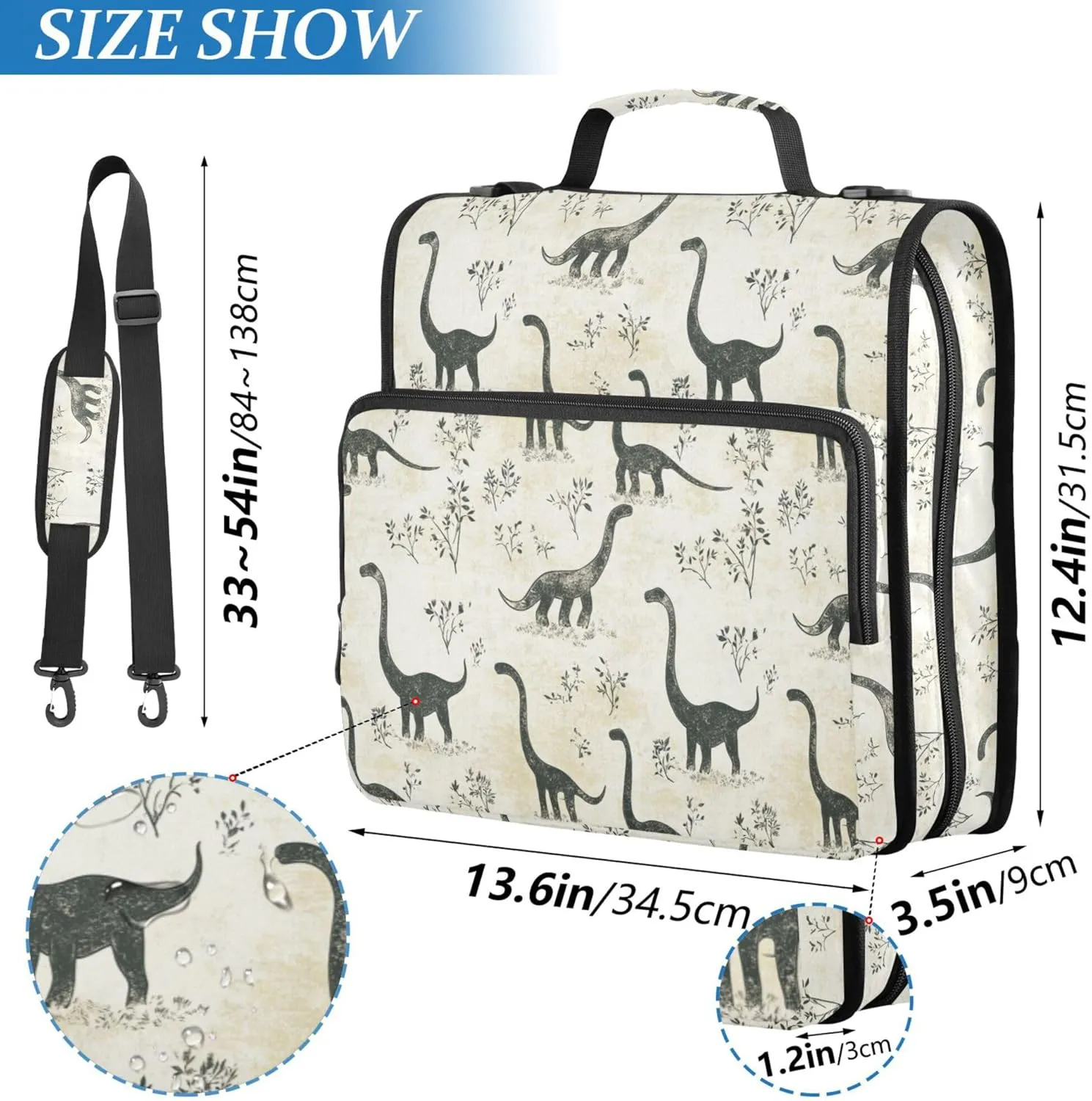 3 Rings Organizer Binder with Handle and Removable Shoulder Strap Multi-Pocket Zippered Portfolio Suitable for Middle School Sweet Dinosaur Brachiosaurus Plain