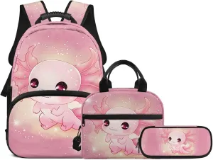 3Pcs Kid Backpack Set for Girls Cartoon Axolotl Backpacks with Lunch Bag Pencil Case Penbag for Elementary School Bookbag 17 Inch Daypack Pink
