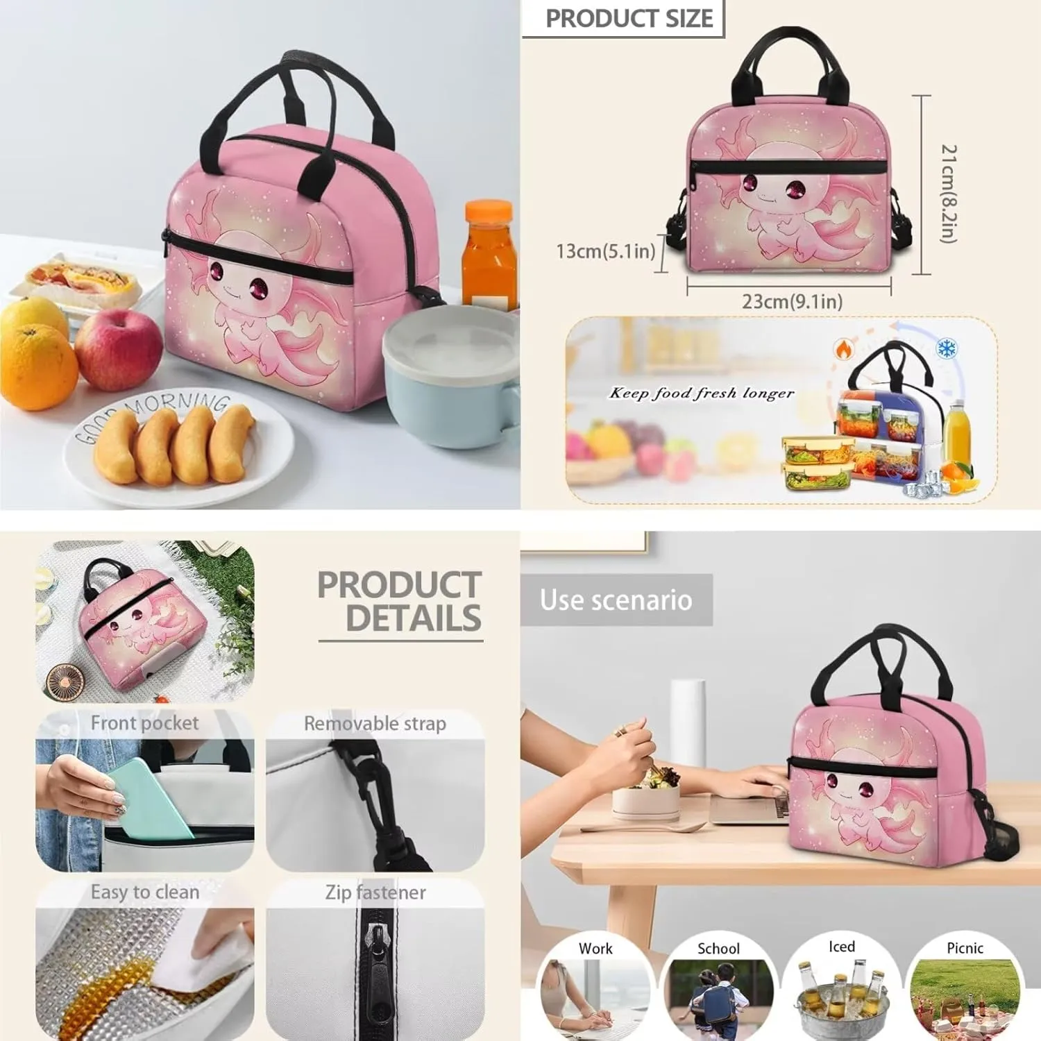 3Pcs Kid Backpack Set for Girls Cartoon Axolotl Backpacks with Lunch Bag Pencil Case Penbag for Elementary School Bookbag 17 Inch Daypack Pink