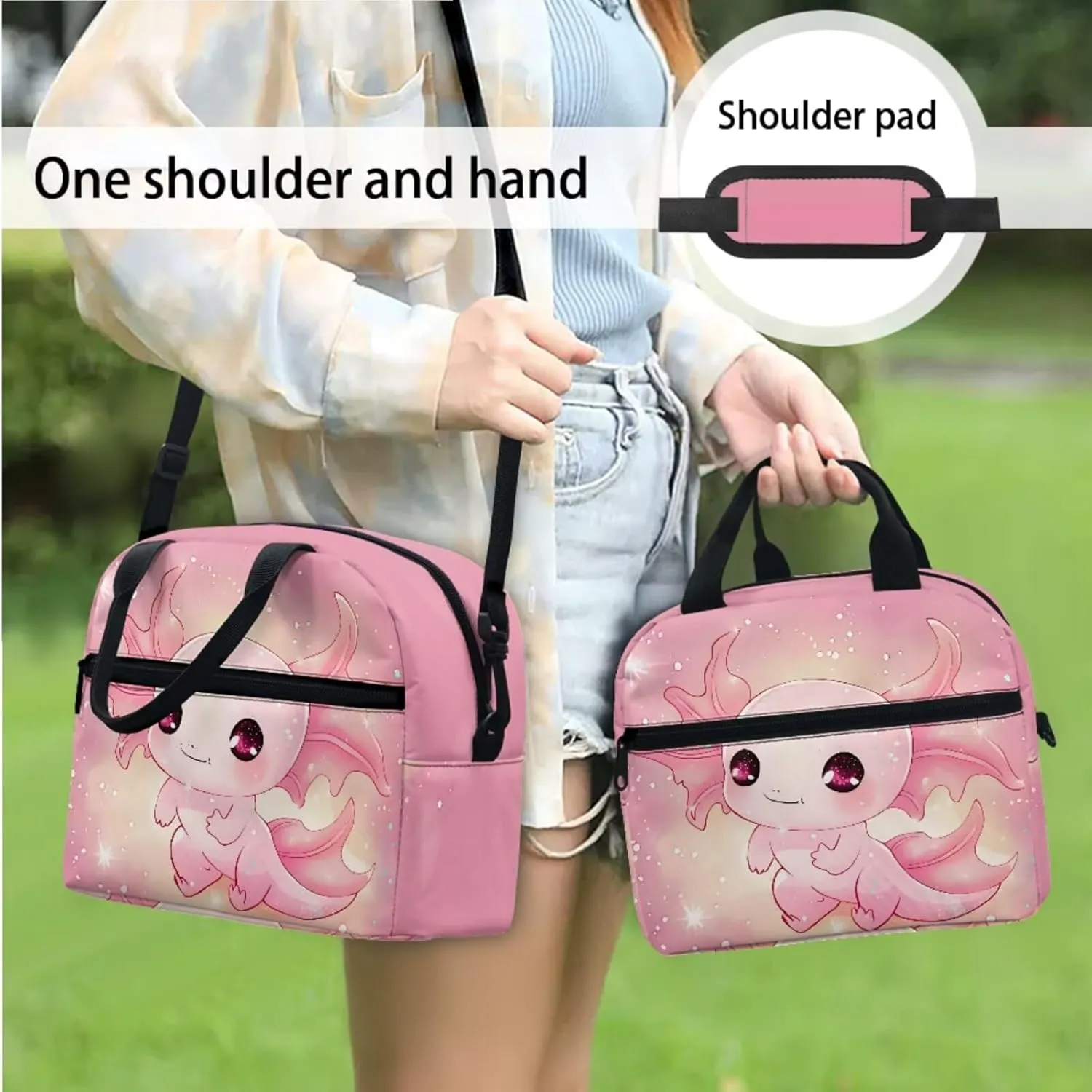 3Pcs Kid Backpack Set for Girls Cartoon Axolotl Backpacks with Lunch Bag Pencil Case Penbag for Elementary School Bookbag 17 Inch Daypack Pink