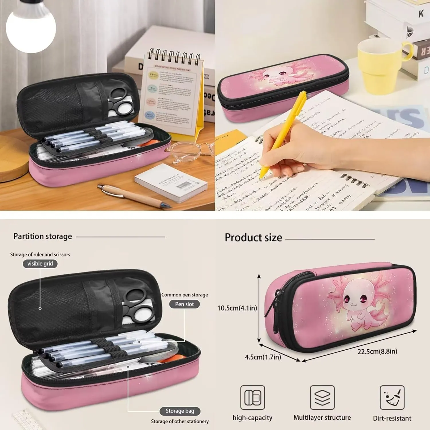 3Pcs Kid Backpack Set for Girls Cartoon Axolotl Backpacks with Lunch Bag Pencil Case Penbag for Elementary School Bookbag 17 Inch Daypack Pink