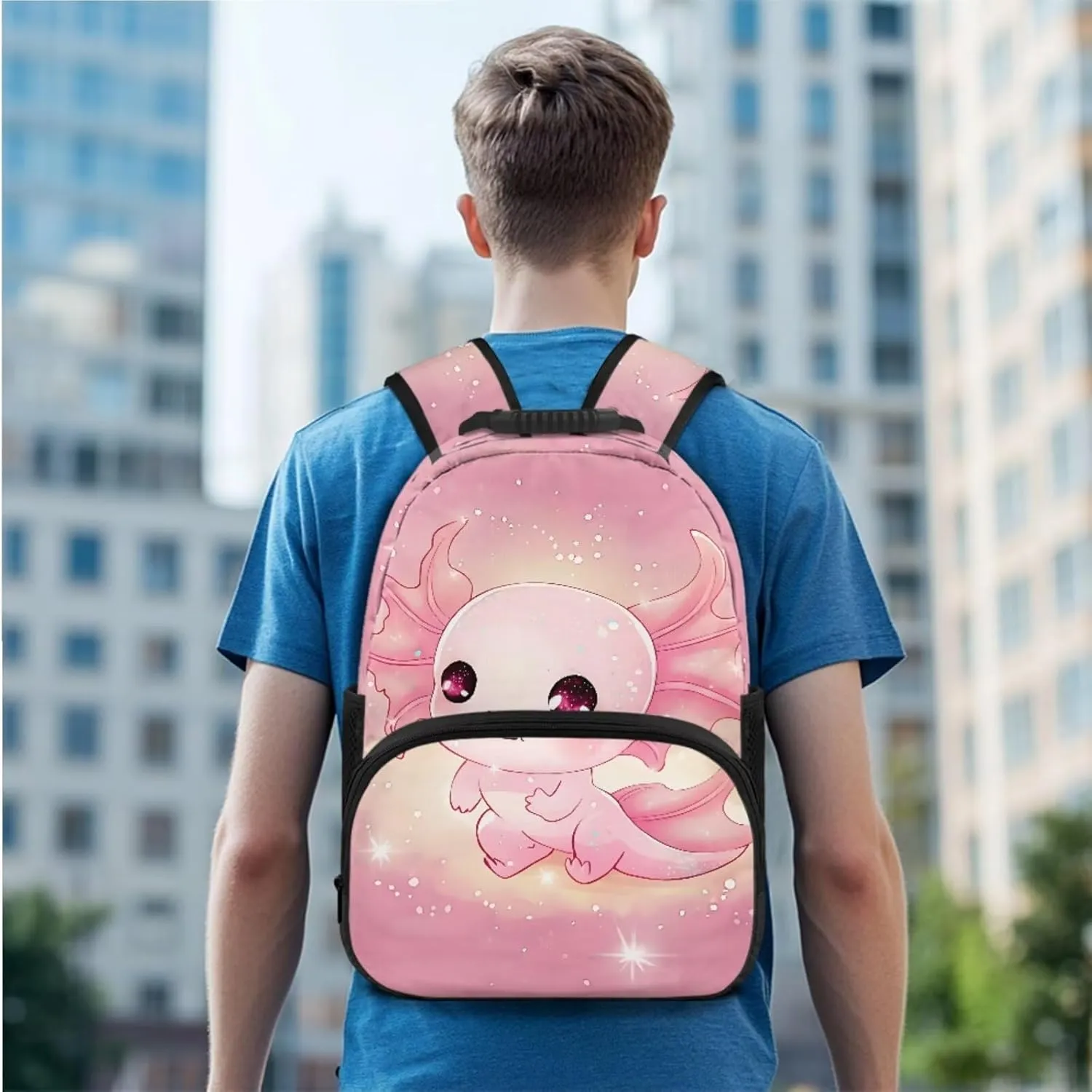 3Pcs Kid Backpack Set for Girls Cartoon Axolotl Backpacks with Lunch Bag Pencil Case Penbag for Elementary School Bookbag 17 Inch Daypack Pink
