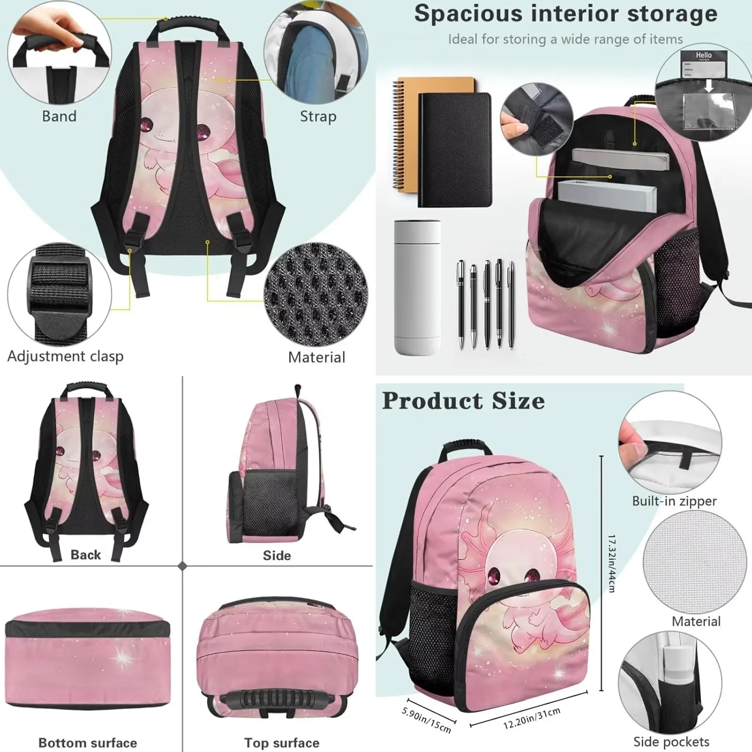 3Pcs Kid Backpack Set for Girls Cartoon Axolotl Backpacks with Lunch Bag Pencil Case Penbag for Elementary School Bookbag 17 Inch Daypack Pink