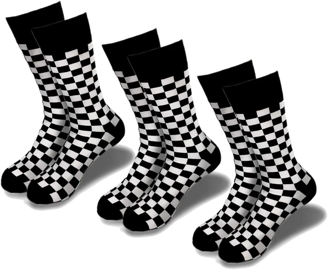 3PK Fashion Men's novelty Socks Checker board crew Socks, Skateboard Socks (Shoe Size 6-12)