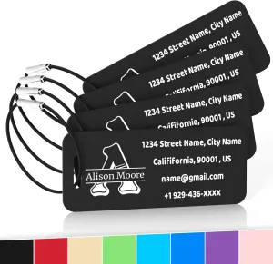 4 Pack Personalized Luggage Tags for Suitcases, Custom Aluminum Luggage Tags for Bags and Backpacks, Waterproof & Heavy Duty Personalized Metal Name Tags for Travel (Black)