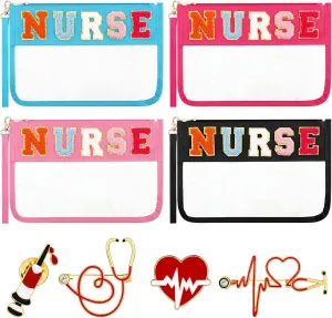 4 Pcs Nurses Bags Gifts Chenille Letter Makeup Bags with 4 Pins Preppy Clear Nursing Travel Pouch Cosmetic Waterproof Zipper Nurse Accessories Appreciation Gifts