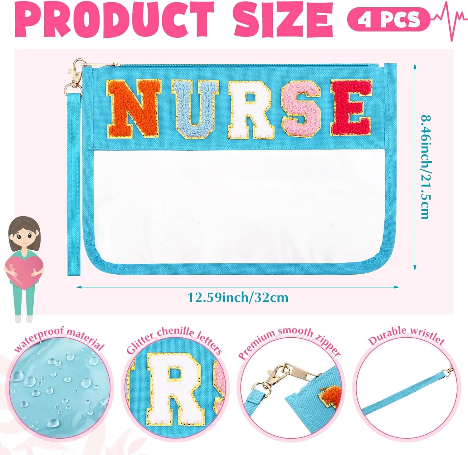 4 Pcs Nurses Bags Gifts Chenille Letter Makeup Bags with 4 Pins Preppy Clear Nursing Travel Pouch Cosmetic Waterproof Zipper Nurse Accessories Appreciation Gifts