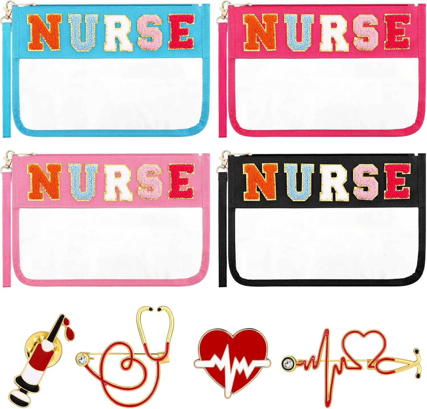 4 Pcs Nurses Bags Gifts Chenille Letter Makeup Bags with 4 Pins Preppy Clear Nursing Travel Pouch Cosmetic Waterproof Zipper Nurse Accessories Appreciation Gifts