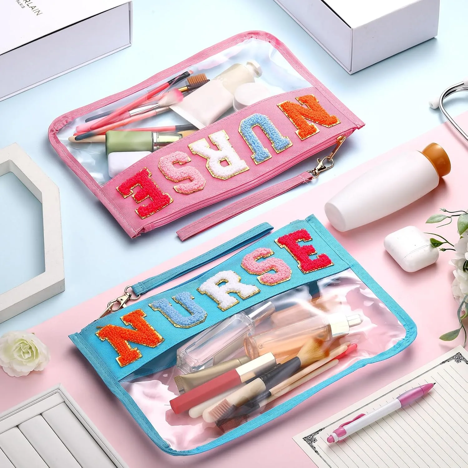 4 Pcs Nurses Bags Gifts Chenille Letter Makeup Bags with 4 Pins Preppy Clear Nursing Travel Pouch Cosmetic Waterproof Zipper Nurse Accessories Appreciation Gifts