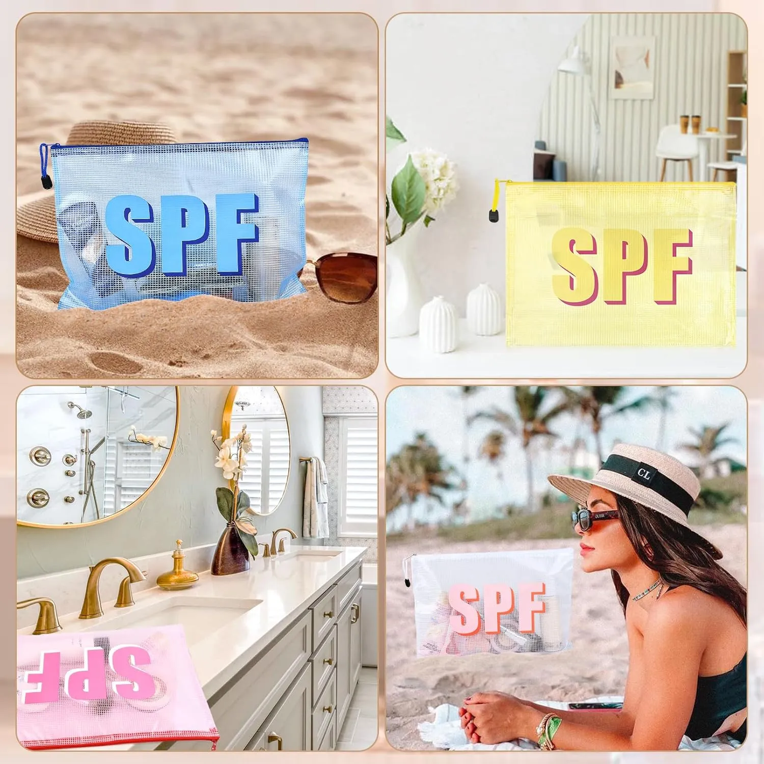 4PCS SPF Makeup Bag Clear Zippered SPF Bag Cosmetic Pouch Waterproof Travel Toiletry Organizer for Women Varsity Letter Patch Beach Pool Essentials