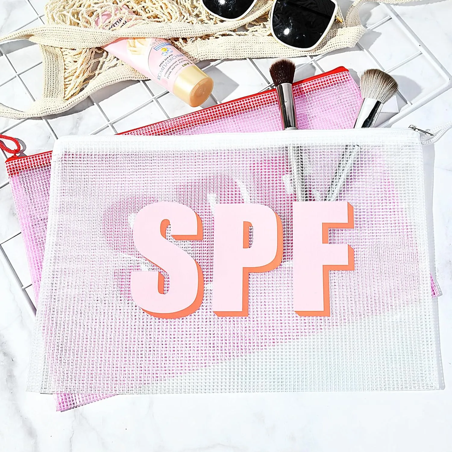 4PCS SPF Makeup Bag Clear Zippered SPF Bag Cosmetic Pouch Waterproof Travel Toiletry Organizer for Women Varsity Letter Patch Beach Pool Essentials