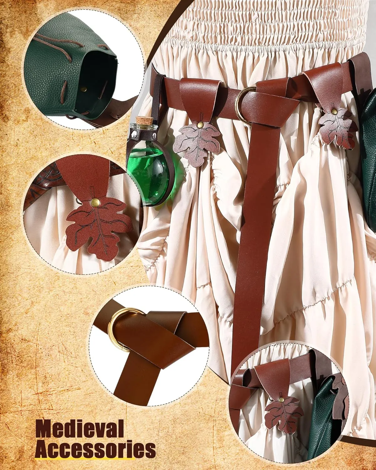 6 Pcs Women Renaissance Accessories Leaf Belt Bag Medieval Viking Belt Potion Bottles Leather Skirt Hikes
