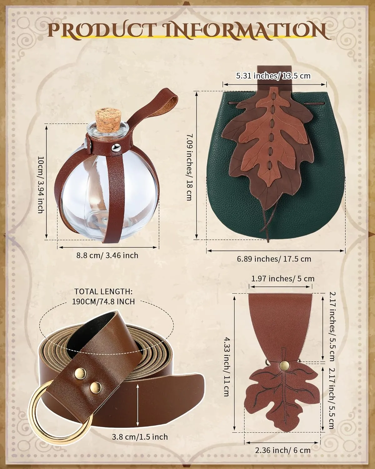 6 Pcs Women Renaissance Accessories Leaf Belt Bag Medieval Viking Belt Potion Bottles Leather Skirt Hikes