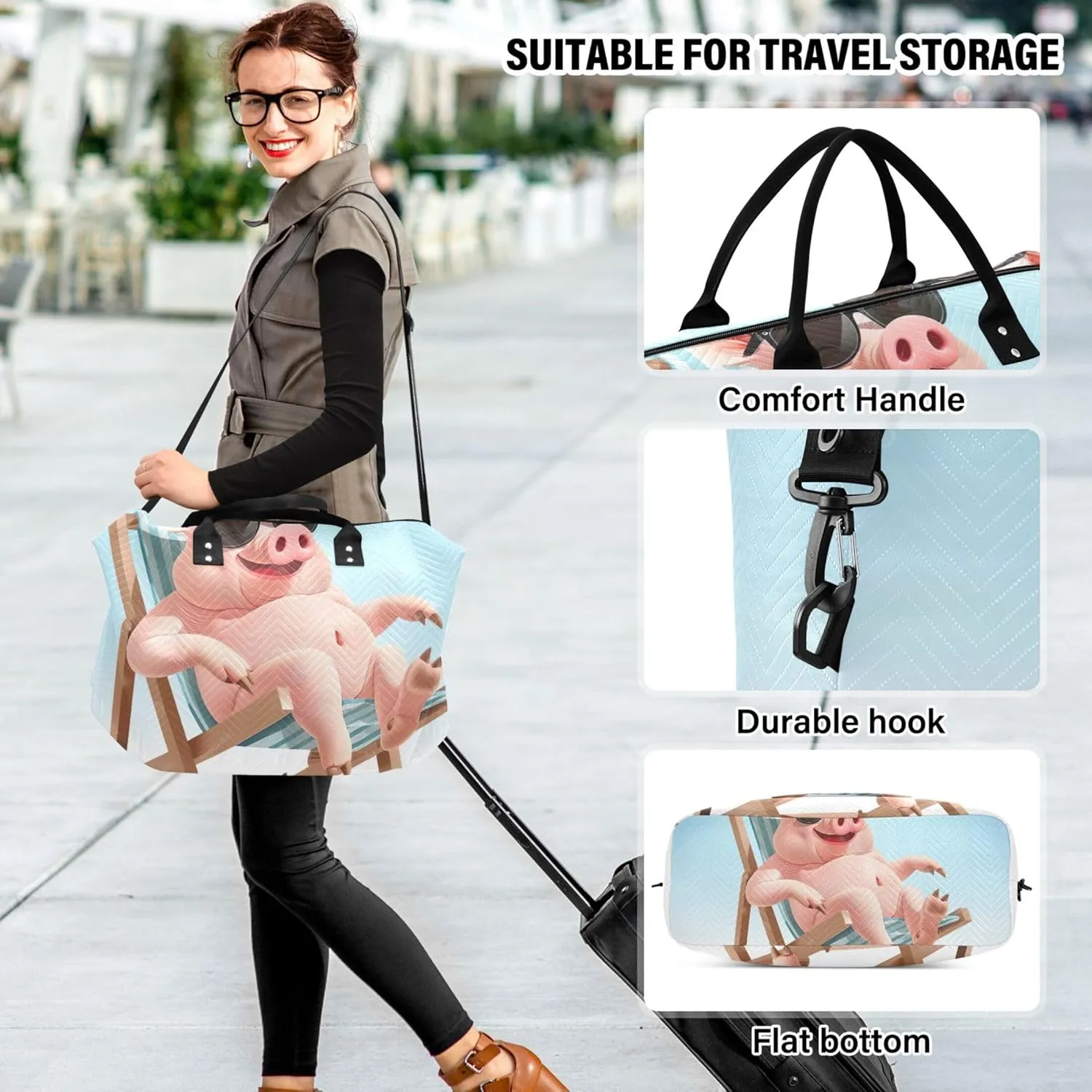 a Cute Pig Sitting on a Deck Chair Duffle Travel Bag Cosmetic Bags Set of 2, Funny Women Luggage Bag Duffel for Traveling