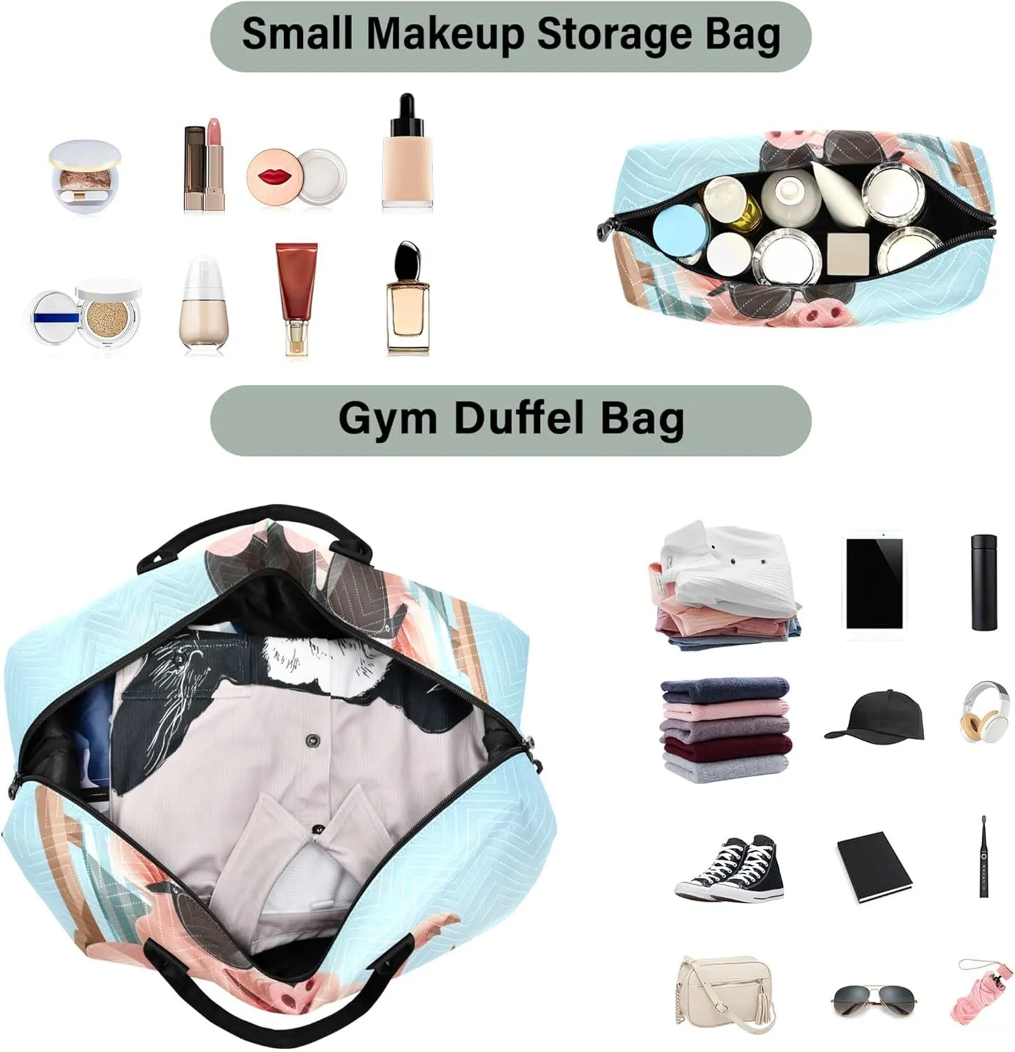 a Cute Pig Sitting on a Deck Chair Duffle Travel Bag Cosmetic Bags Set of 2, Funny Women Luggage Bag Duffel for Traveling