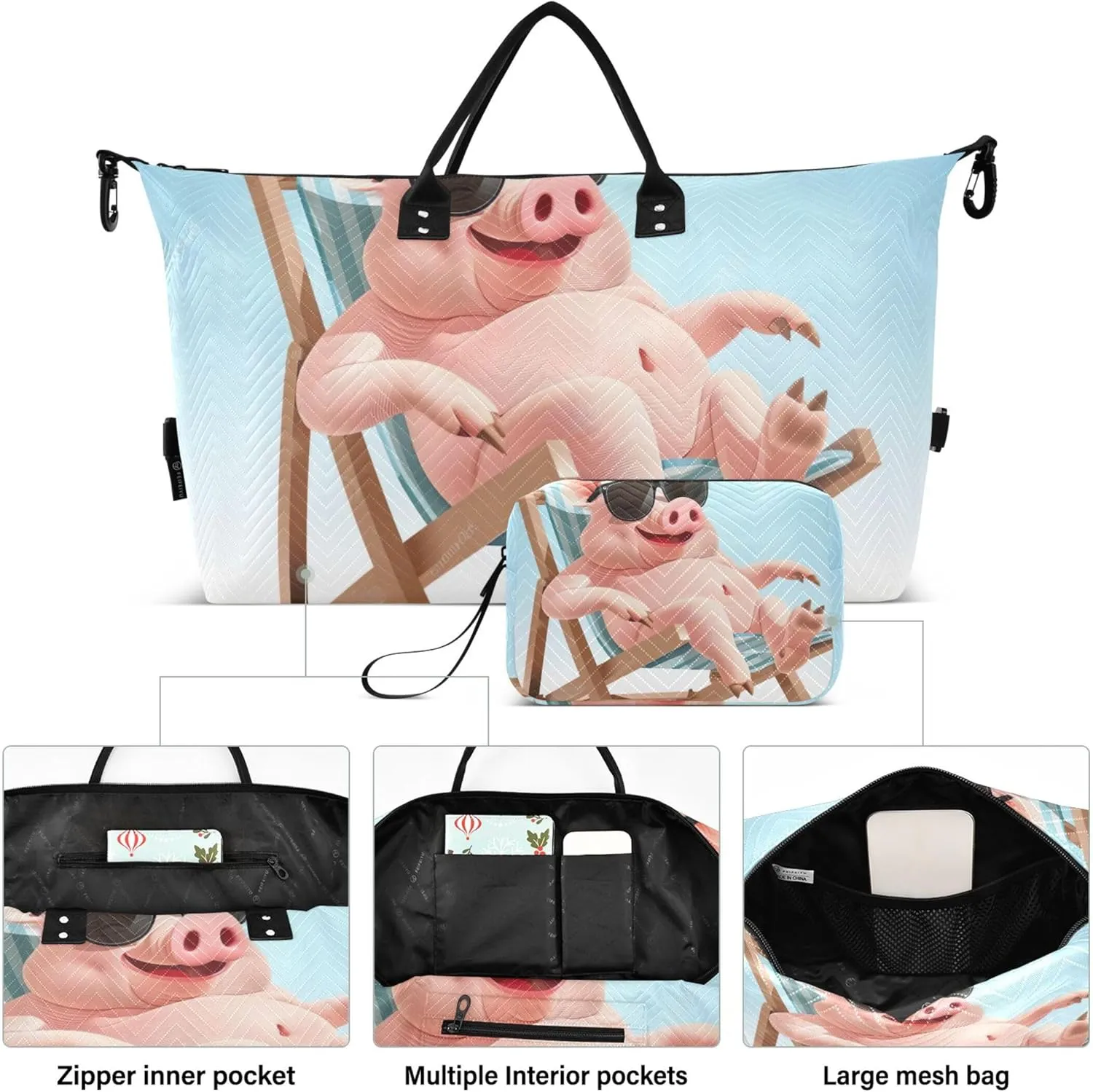 a Cute Pig Sitting on a Deck Chair Duffle Travel Bag Cosmetic Bags Set of 2, Funny Women Luggage Bag Duffel for Traveling