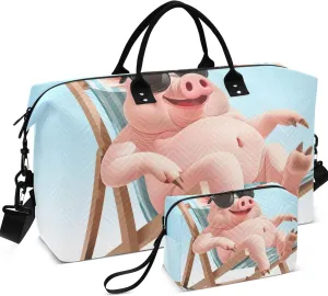 a Cute Pig Sitting on a Deck Chair Duffle Travel Bag Cosmetic Bags Set of 2, Funny Women Luggage Bag Duffel for Traveling