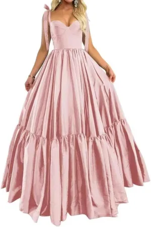 A-line Pleated Satin Spaghetti Prom Dresses for Women, Sweetheart Formal Evening Dress Long Party Dress