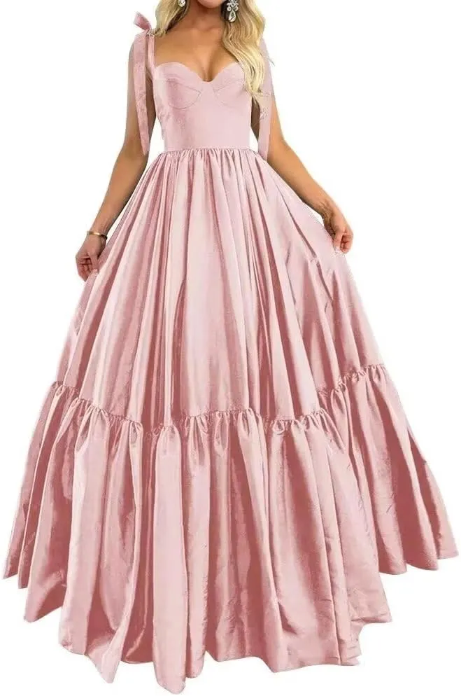 A-line Pleated Satin Spaghetti Prom Dresses for Women, Sweetheart Formal Evening Dress Long Party Dress