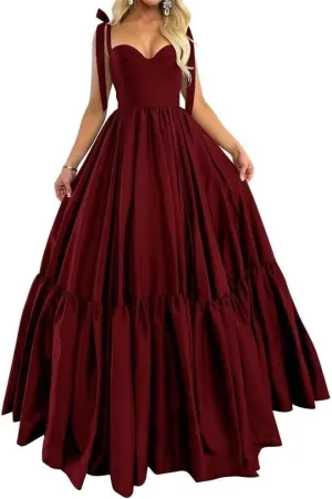 A-line Pleated Satin Spaghetti Prom Dresses for Women, Sweetheart Formal Evening Dress Long Party Dress