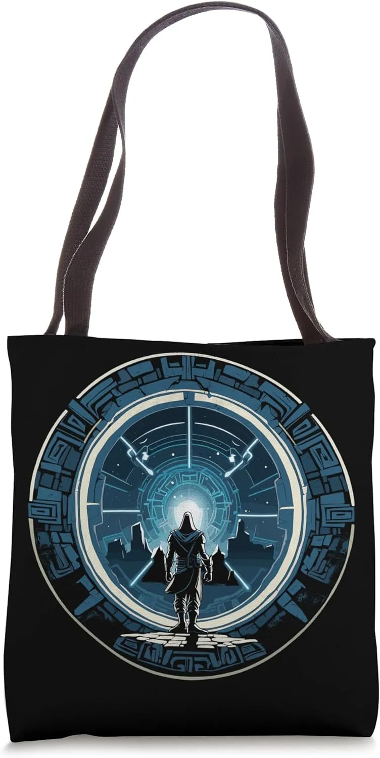 a Samurai-warrior stepping thru a star-gate to another realm Tote Bag