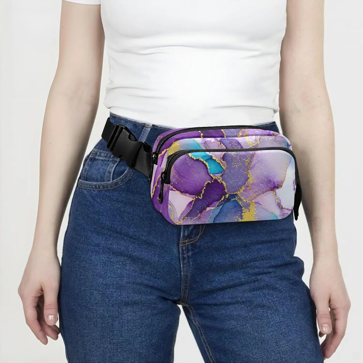 Abstract Watercolor Purple Marble Womens Fanny Pack Belt Bag Hip Pouch Waterproof Flower Cross Body Waist Purse