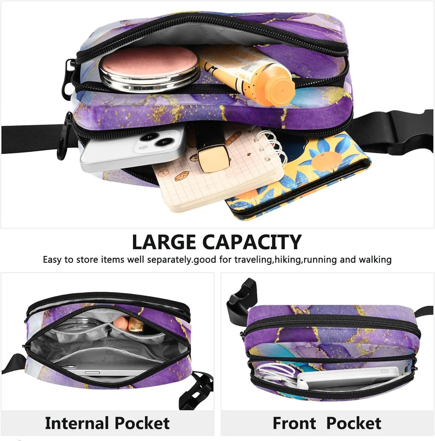 Abstract Watercolor Purple Marble Womens Fanny Pack Belt Bag Hip Pouch Waterproof Flower Cross Body Waist Purse