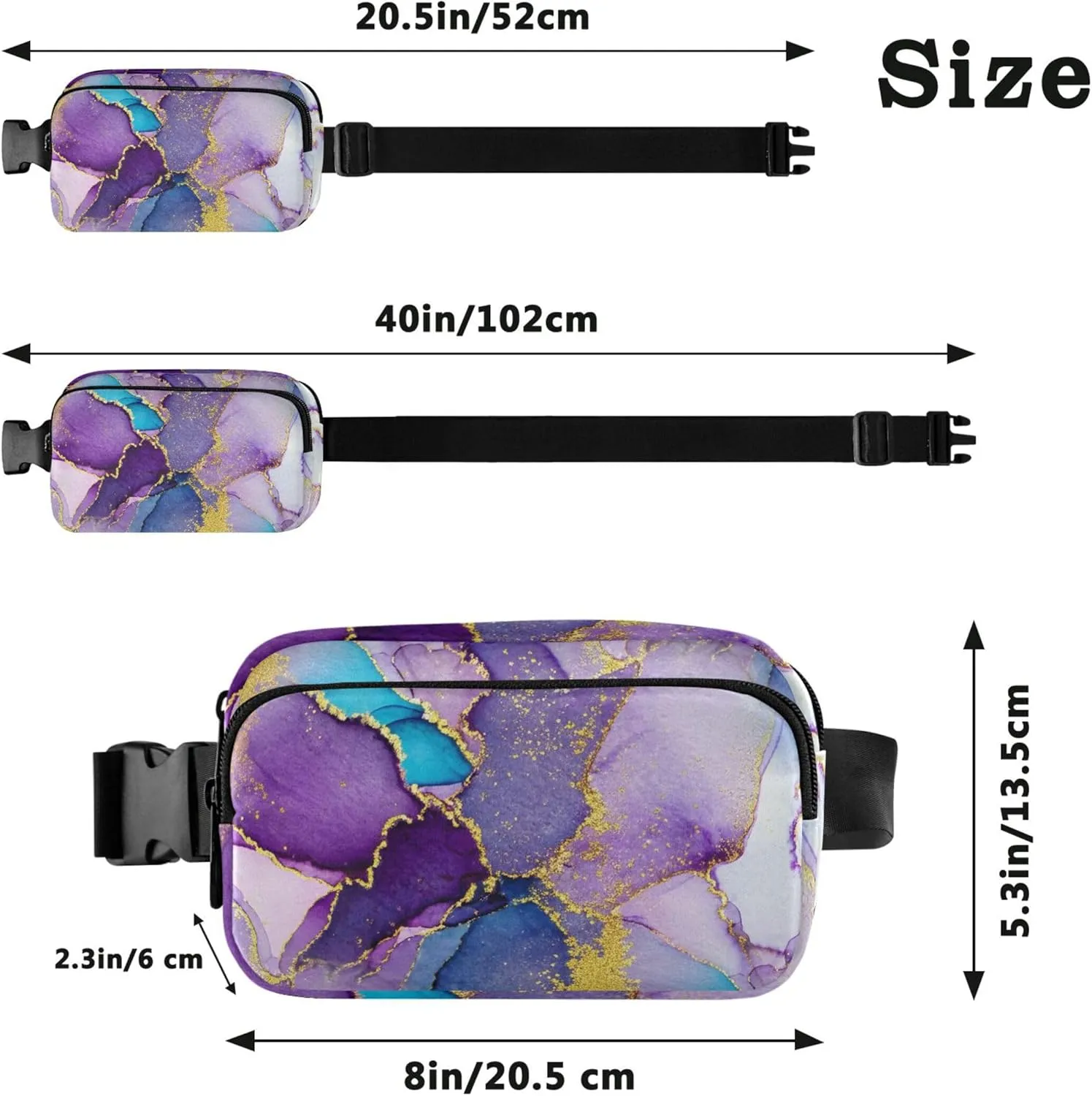 Abstract Watercolor Purple Marble Womens Fanny Pack Belt Bag Hip Pouch Waterproof Flower Cross Body Waist Purse