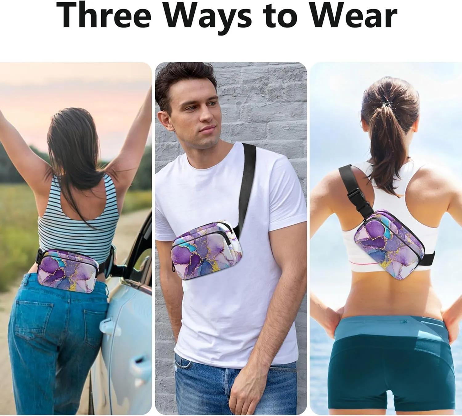 Abstract Watercolor Purple Marble Womens Fanny Pack Belt Bag Hip Pouch Waterproof Flower Cross Body Waist Purse