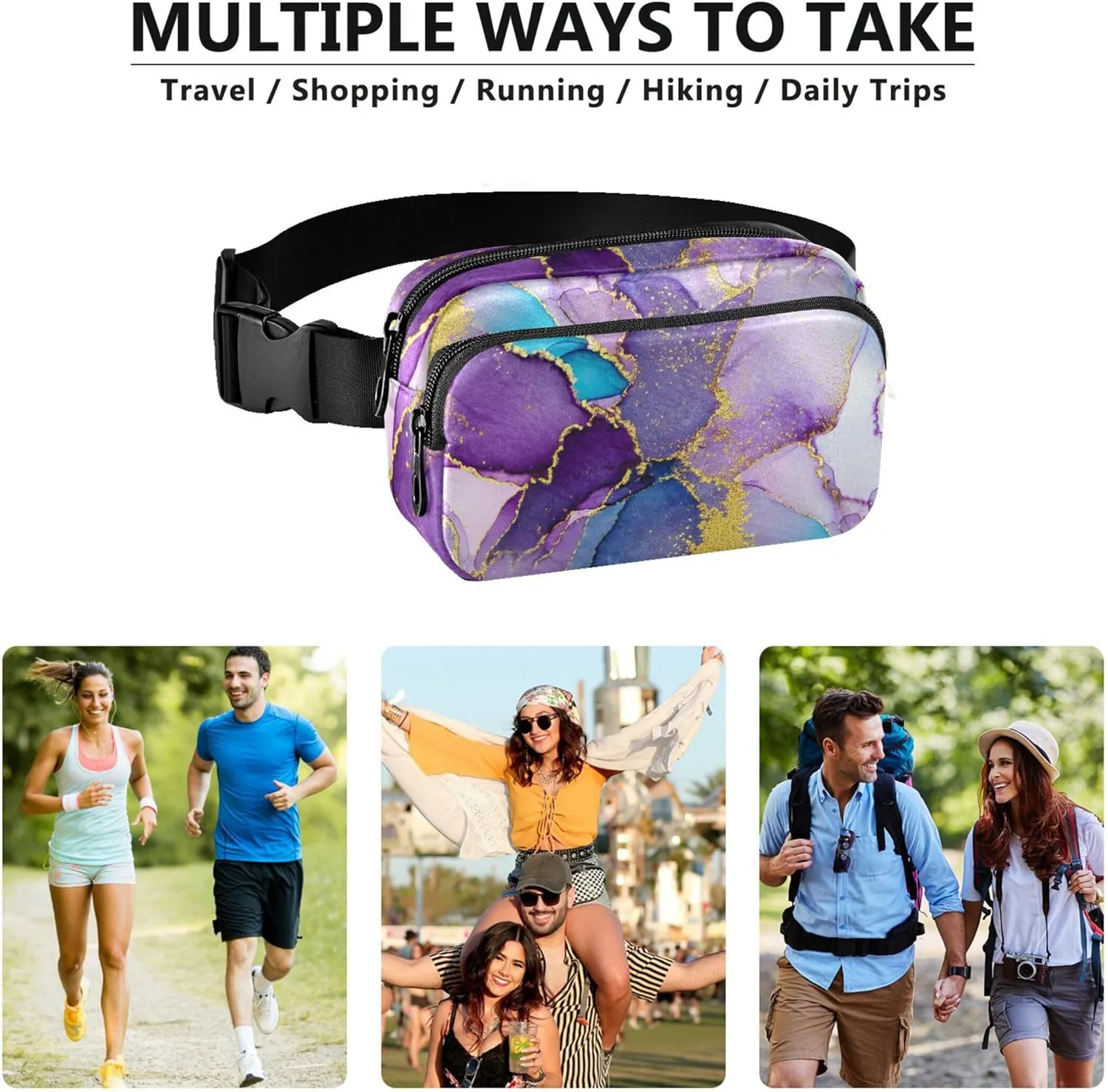 Abstract Watercolor Purple Marble Womens Fanny Pack Belt Bag Hip Pouch Waterproof Flower Cross Body Waist Purse