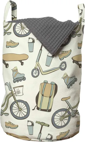 Ambesonne Hipster Laundry Bag, Wheeled Sports Equipment Skateboard Bike Urban Quirky Sports Youth Illustration, Hamper Basket with Handles Drawstring Closure for Laundromats, 13" x 19", Tan Slate Blue