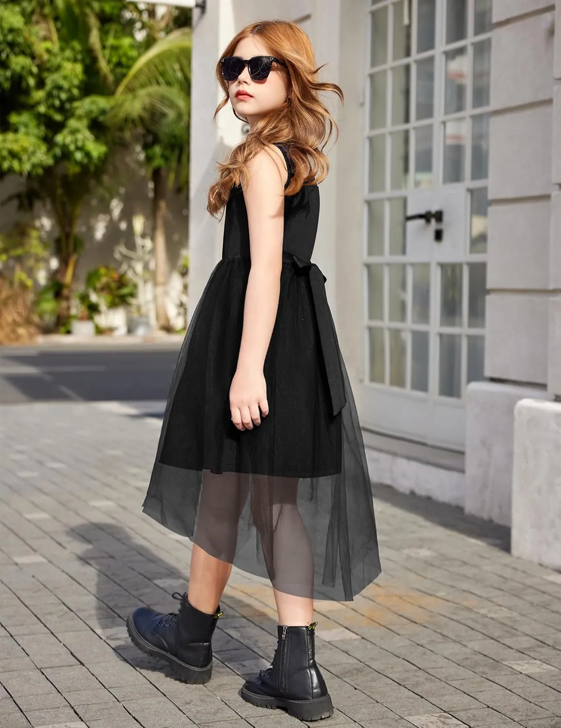 Arshiner Girls Dresses Formal Party Wedding Tulle Sleeveless Contrast Mesh High Low Dress with Belt
