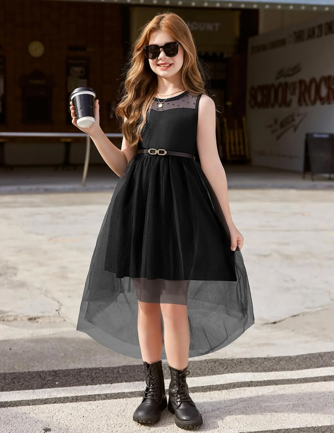 Arshiner Girls Dresses Formal Party Wedding Tulle Sleeveless Contrast Mesh High Low Dress with Belt