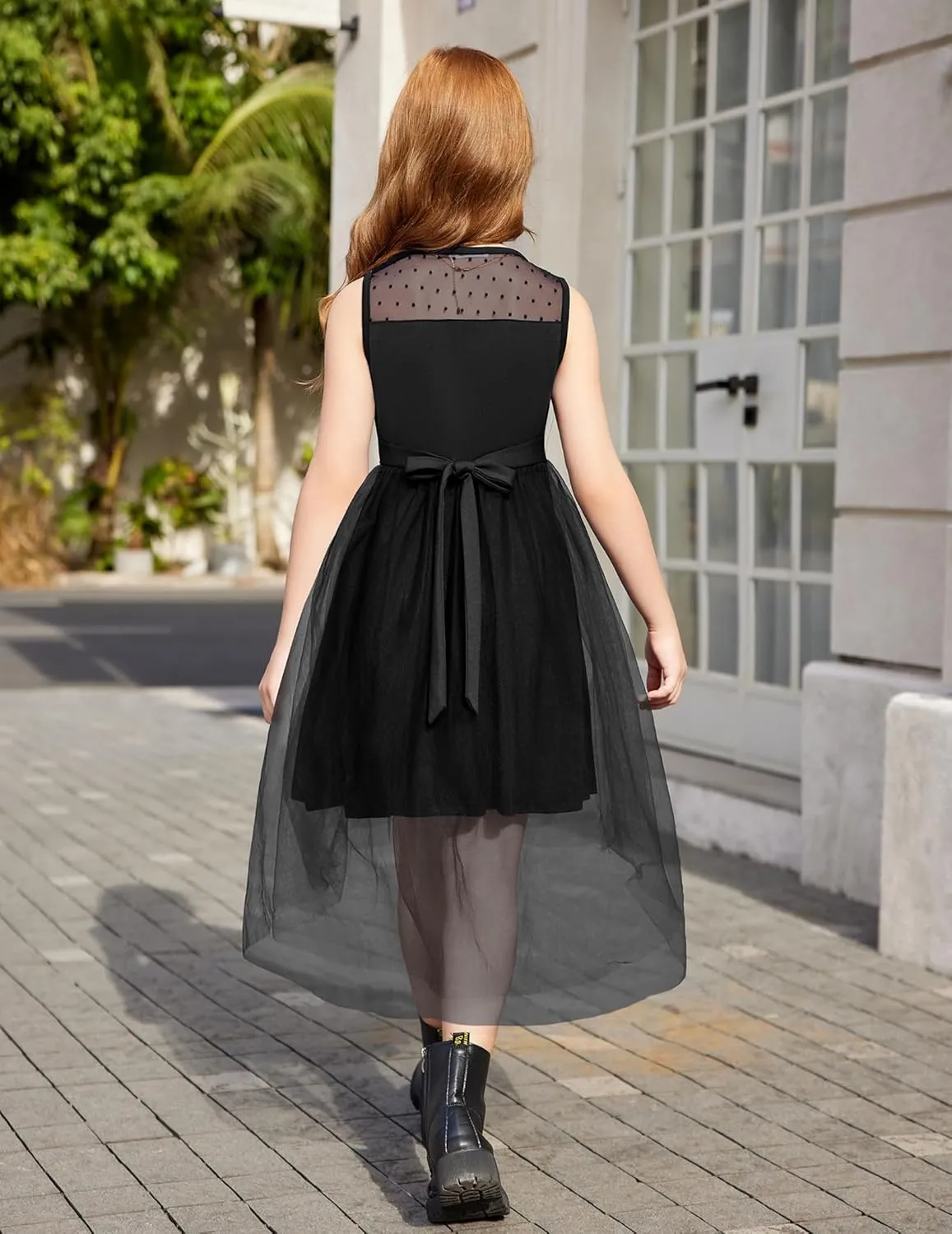 Arshiner Girls Dresses Formal Party Wedding Tulle Sleeveless Contrast Mesh High Low Dress with Belt