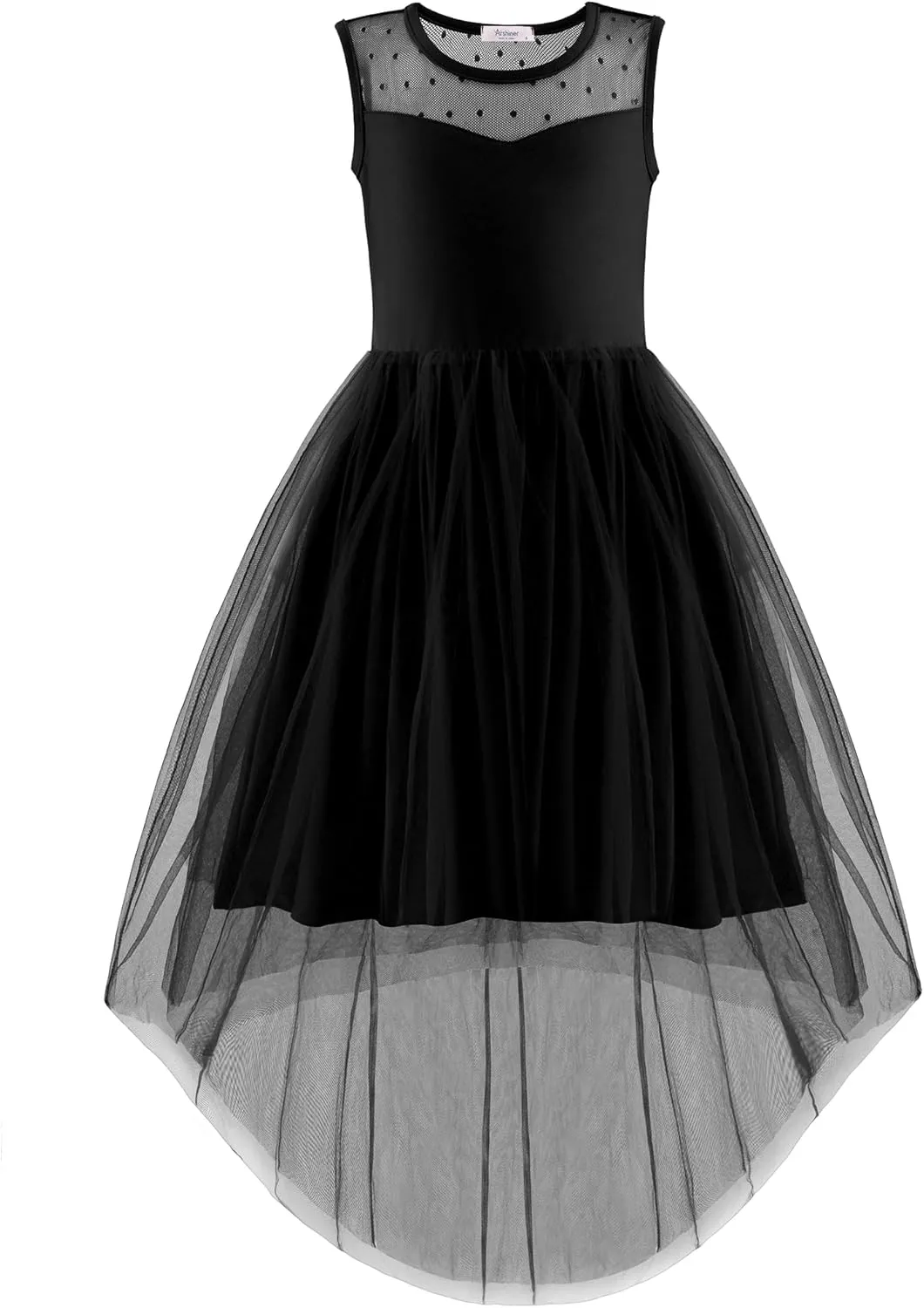 Arshiner Girls Dresses Formal Party Wedding Tulle Sleeveless Contrast Mesh High Low Dress with Belt