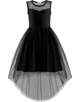Arshiner Girls Dresses Formal Party Wedding Tulle Sleeveless Contrast Mesh High Low Dress with Belt