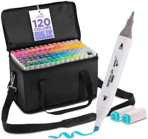 Asani Dual Tip Markers - 120 Colors, Alcohol Based for Adult Coloring, Fine and Chisel Tips, with Travel Case Bag. Ideal for Drawing, Calligraphy, Writing. Perfect for Artists and Kids