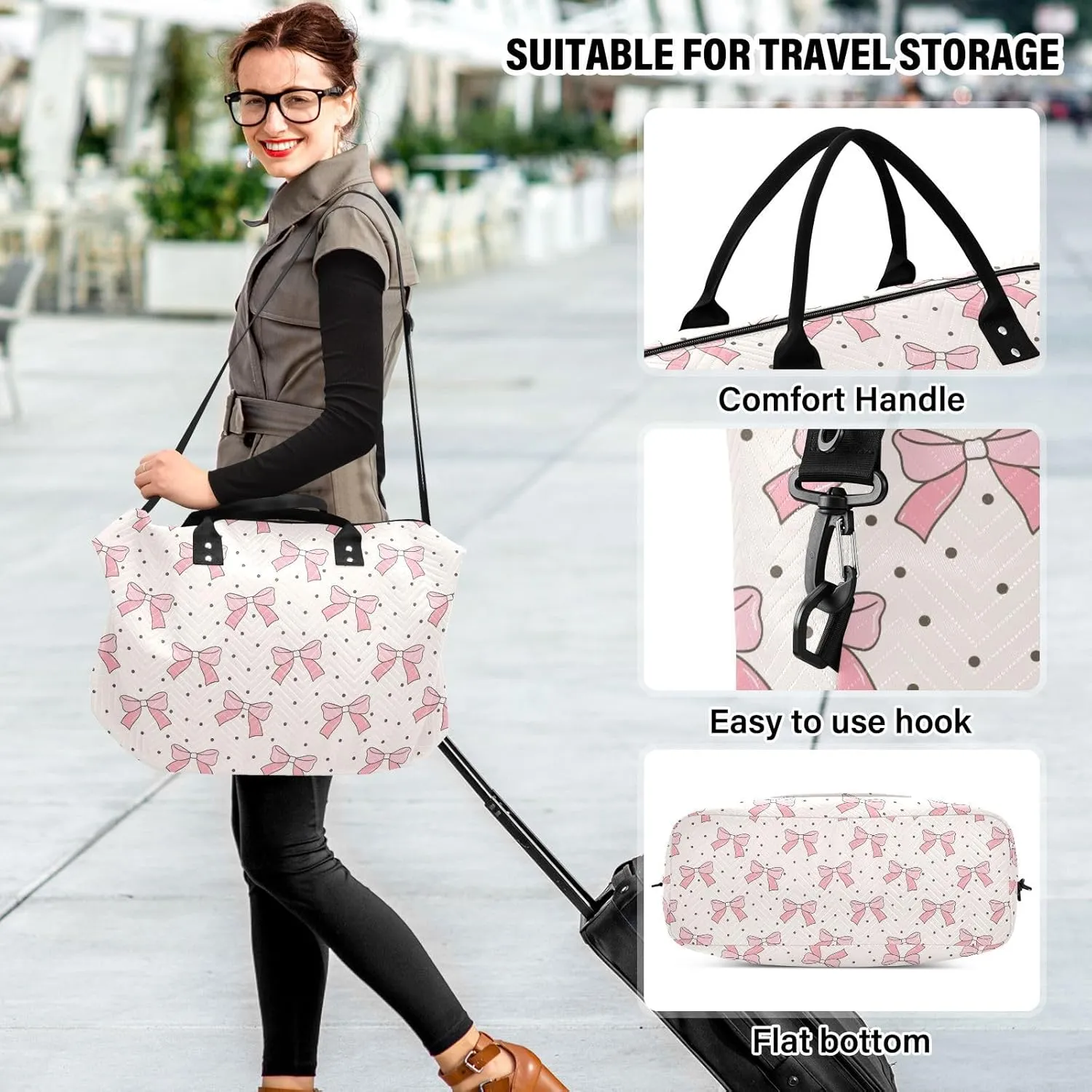 Aslsiy Travel Duffel Bags for Women Coquette Pink Bows Sports Duffel Bag Polka Dot Retro Weekender Bags Gym Bag with Toiletry Bag Carry on Overnight Bag