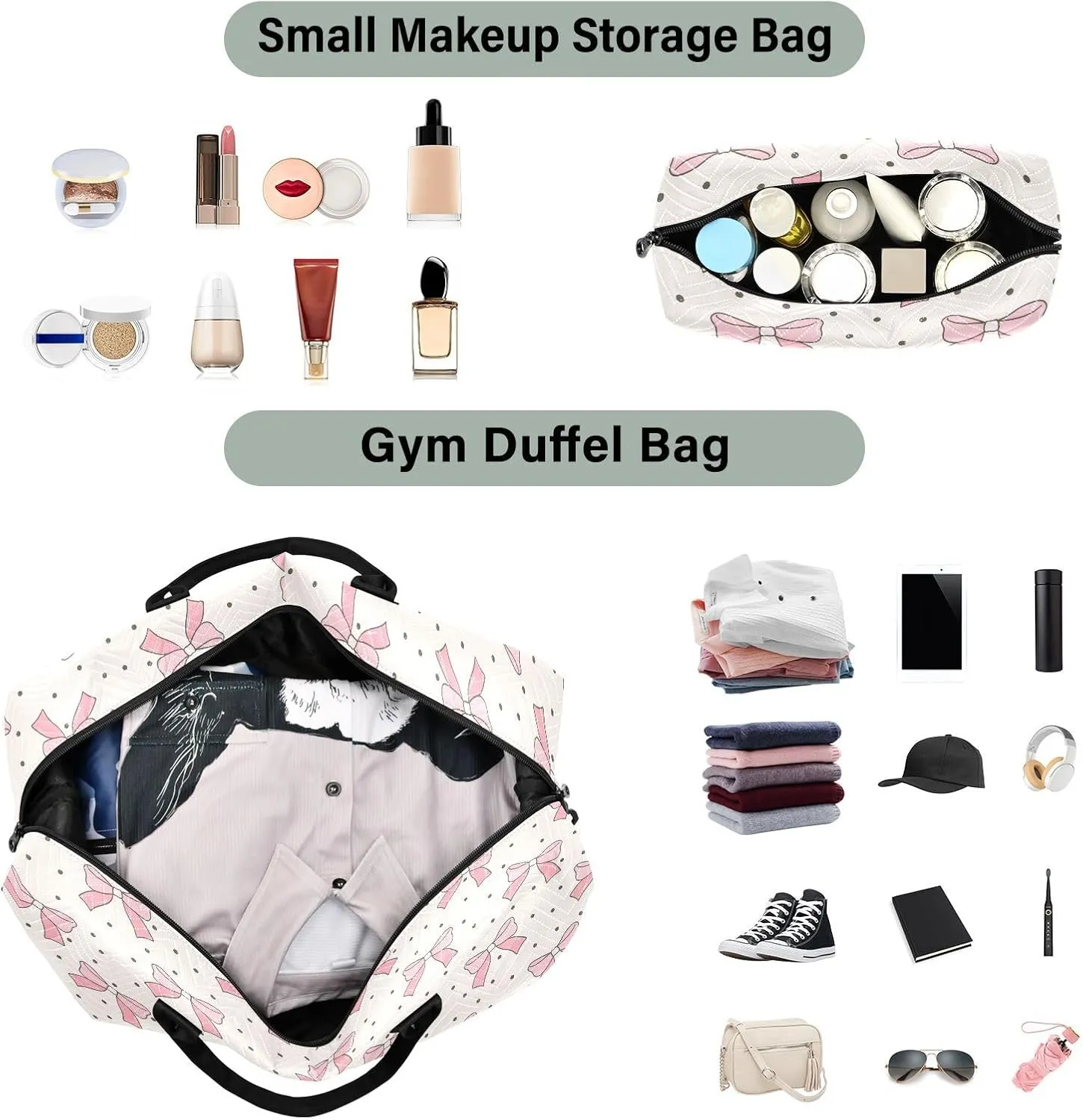 Aslsiy Travel Duffel Bags for Women Coquette Pink Bows Sports Duffel Bag Polka Dot Retro Weekender Bags Gym Bag with Toiletry Bag Carry on Overnight Bag