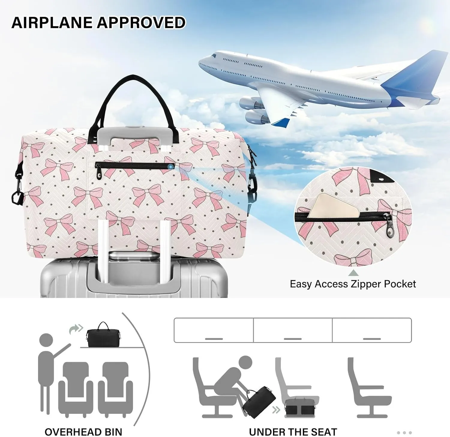 Aslsiy Travel Duffel Bags for Women Coquette Pink Bows Sports Duffel Bag Polka Dot Retro Weekender Bags Gym Bag with Toiletry Bag Carry on Overnight Bag