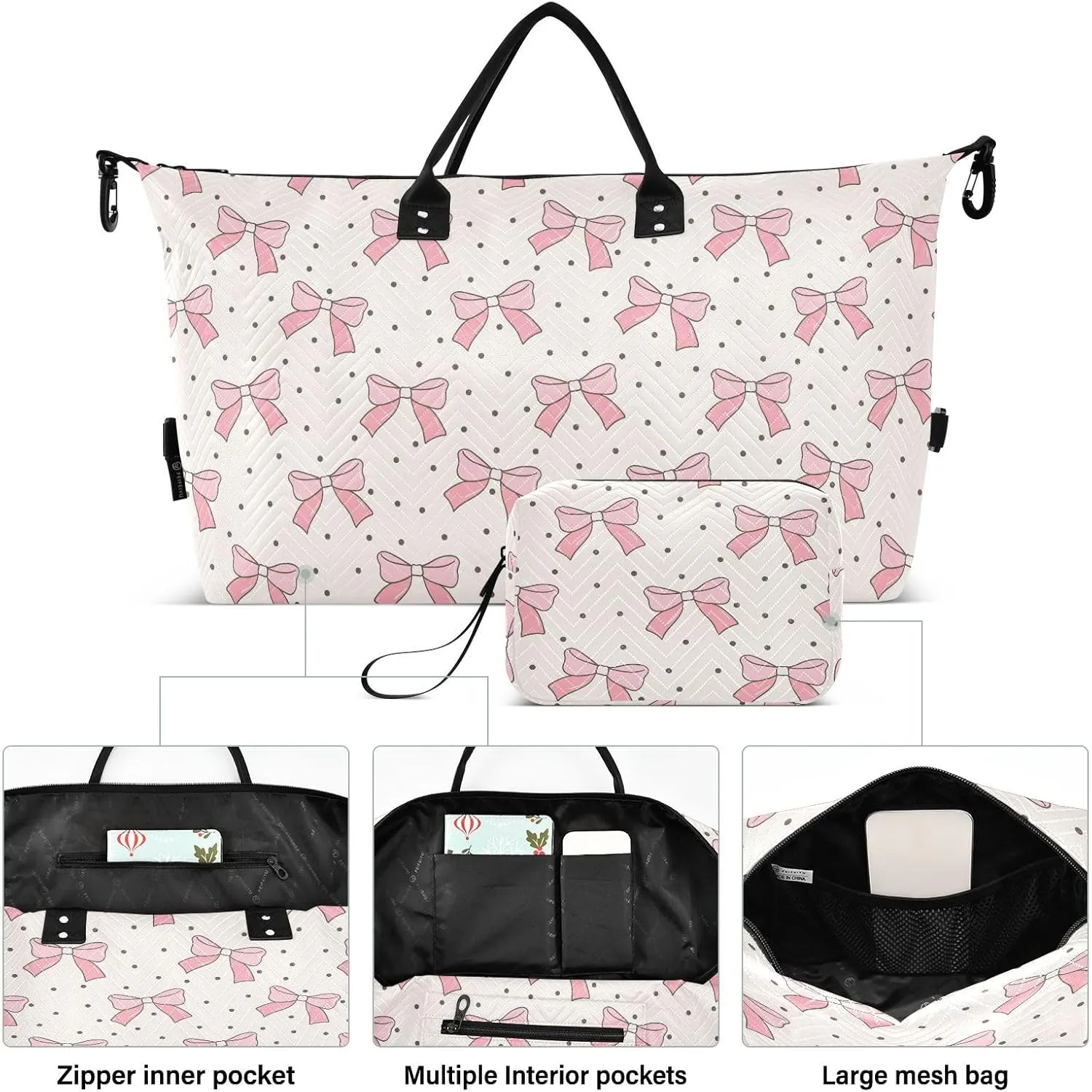 Aslsiy Travel Duffel Bags for Women Coquette Pink Bows Sports Duffel Bag Polka Dot Retro Weekender Bags Gym Bag with Toiletry Bag Carry on Overnight Bag