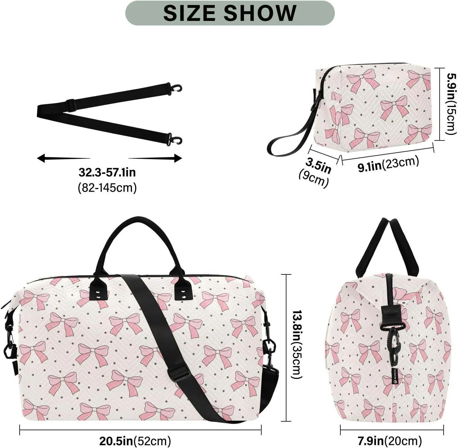 Aslsiy Travel Duffel Bags for Women Coquette Pink Bows Sports Duffel Bag Polka Dot Retro Weekender Bags Gym Bag with Toiletry Bag Carry on Overnight Bag